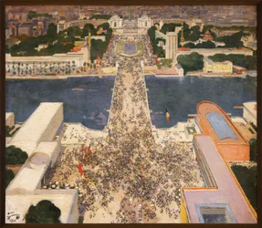 Den internasjonale utstillingen i 1937 sett fra andre etasje i Eiffeltårnet. Ved foten av Chaillot-høyden står Sovjetunionens paviljong til venstre og Nazi-Tysklands paviljong til høyre overfor hverandre (1867-1944)