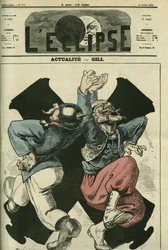 Faktisk, prøyssisk soldat og fransk danser foran kanonene fra den fransk-prøyssiske krigen. Omslag i "" L'Eclipse"" av Gill, 16. juli