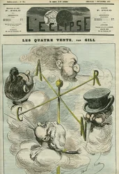 Tegneserie "De fire vinder", som symboliserer de fire politiske partiene. Omslag i "" L'Eclipse"" av Gill, 7. september