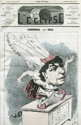 Tegneserie av Emma Valendon kalt Theresa (1837-1913), fransk populær sanger. Omslag i "" L'Eclipse"" av Gill, 30. mars