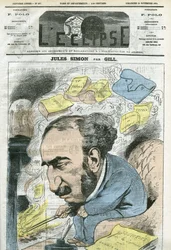 Tegneserie av Jules Simon (1814-1896), politiker, filosofihistoriker, filosof, fransk essayist. Omslag i "" L