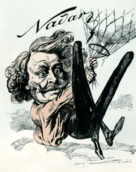 Tegneserie av Felix Nadar, pioner innen flybilde i 1858, her hengende fra ballongen hans (gravering)