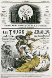 Tegneserie av "Thugs", en kult av fremmede, tilbedere av Kali utryddet av britiske nybyggere. Tegneserie av Gill, i "The Moon", 2. september