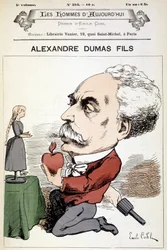 Humoristisk tegning på Alexandre Dumas Fils. Cover ""Menn i dag"", sd. 1800-tallet.