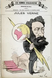 Jules Verne klyper jorden til pennen sin - av Gill, i «The men of today»»