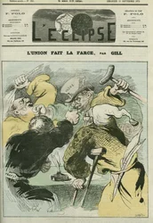 Lunion lager farsen", karikatur av de politiske avisene "L'ordre", "" Constitutional", "" Le Francais" og "" L'Univers", og kranglet. Omslag i "" L'Eclipse"" av Gil
