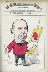 Portrett av Benjamin Raspail (1823-1899), en fransk maler og politiker som tok initiativ til loven som gjorde 14. juli til nasjonaldag. Karikatur av Gill, Paris.