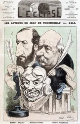 Portrett av Emile AUGIER (1820-1889) og Jules SANDEAU (1811-1883), forfattere av stykket med tittelen "" Jean de Pommeray", med en maske som viser ansiktet til komikeren Mounet-Sully (Jean Sully Mounet, Mounet Sully