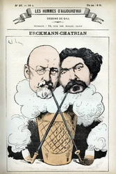 Portrett av Emile Erckmann (1822-1899) og Alexandre Chatrian (1826-1890), franske romanforfattere. Tegneserie av Gill, i «Les Homme d