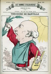 Portrett av Théodore de Banville (1823-1891), en fransk dikter og en av lederne for den parnassiske skolen. Karikatur av Gill, Paris.