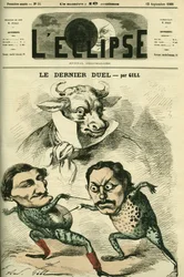 Den siste duellen, Prospero-Olivier-frosker (Prosper Olivier) Lissagaray (1838-1901) og Paul Granier de Cassagnac (1842-1904) som ønsket å bli like stor som biff, og representerte Alfred de Musset og Victor Hugo. Omslag i "" L'Eclipse"&q