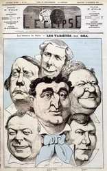 Portrettene av Léonce, Berthelier, Poppy Cadet, Dupuis, Pradeau og Baron, teaterforfattere. Tegneserie av Gill i "" L'eclipse"", 19.12.1875.