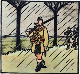 Første verdenskrig 1914–1918 (14–18): Høylander. Soldatene fra Skottland kom for å hjelpe den franske hæren. Militæruniformen deres består av én kilt. Gravering i «Alfabetet fra den store krigen 1914–1916 (for våre soldaters barn)». Editions Berger-L.