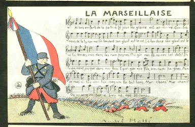 Postkort, satirisk i farger: Marseillasen - Krigen 14-18, Marseillasen, syngende Illustrasjon av Andre Helle (1875-1945)
