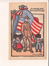 Postkort, satirisk i farger: Le grand ami, den store vennen - Krigen 14.-18., Amerika, Alsace-Lorraine Illustrasjon av Andre Helle (1875-1945)