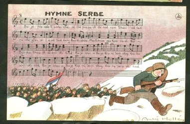 Postkort, satirisk i farger: Serbisk hymne - krigen 14-18, sang, Serbia - soldater Illustrasjon av Andre Helle (1875-1945)