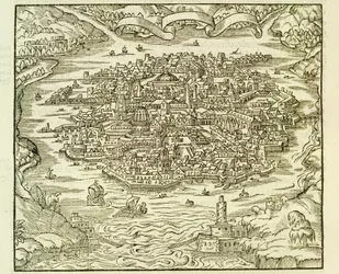 City of Quinsai (nå Tianjin), gravering fra La Cosmographie Universelle (Universal Cosmography) av Andre Thevet