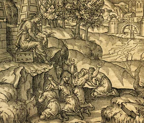 Trofast tilbedende gudinne Tata Baba i Muscovy-regionen, gravering fra Cosmographie Universelle, av Andre