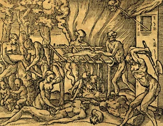 Kannibalistisk tupinambá-stamme i Brasil, gravering fra Les singularitez de la France antarctique av André Thevet (1504-1592), Paris