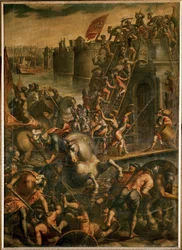 Dogen av Venezia Enrico Dandolo og korsfarerne hans stormer byen Zara i 1202 (olje på lerret)
