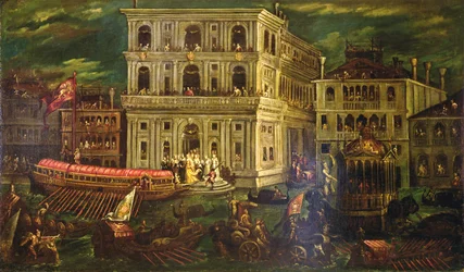 Ombordstigning av Dogaressa Morosina Morosini Grimani 4. mai 1597, Venezia, ca. 1600 (olje på lerret)