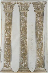 Arkitektoniske motiver som danner en grense til prosesjonen til Cæsar, av Andrea Andreani (1540-1623) (tresnitt)