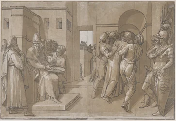 Kristus blir ført bort, soldater står på høyre side av arket, 1585.