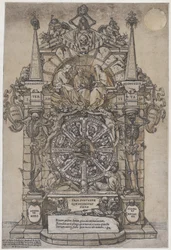 Triumph of Death med tre skjebner i en arkitektonisk ramme over et lykkehjuls flanke..., 1588.
