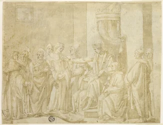 De hellige Peter og Paul diskuterer med Simon Magus før Nero (rekto); Fem scener fra historien om Moses (verso)