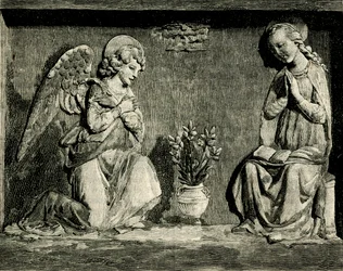 Bebudelse, av Andrea Della Robbia (1435-1525 eller 1528), oratorium for Madonna del Buon Consiglio, Prato, Toscana, Italia, tresnitt fra Le cento citta d