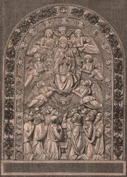 Assumption of Virgin, av verkstedet til Andrea della Robbia (1435-1525 eller 1528), Pinacoteca di Citta di Castello, Umbria, Italia, tresnitt fra Le cento citta d
