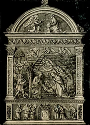 Fødsel, altertavle i terrakotta av Andrea della Robbia, fra kirken Saint Clare, Civic Museum of Sansepolcro, Toscana, Italia, tresnitt fra Le cento citta d'Italia (Hundre italienske byer), illustrert månedlig tillegg av Il Secolo, Milano