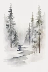 En fredfull vinterbekk i skogen