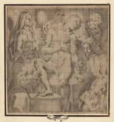 Figurer som pleier den sårede Sankt Sebastian