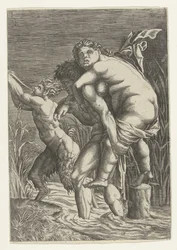 Mannen bærer kvinne på ryggen og en satyr