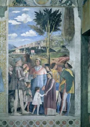 Ankomst av kardinal Francesco Gonzaga, møtt av sin far Marchese Ludovico Gonzaga III regjerte 1444-78 og hans brødre, fra Camera degli Sposi eller Camera Picta, 1465-74 freskomaleri av 78449