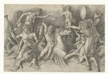 Battle of the Sea Gods, med Envy (Invidia) til venstre Kamp mellom satyrer som rir på hippocampi og gammel kvinne som personifisering av misunnelse som står på ryggen av dragen Slaget ved havgudene
