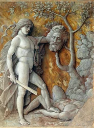 David Holding Goliaths hodemaleri av Andrea Mantegna (1431-1506) 1490 Søn. 36x48,5 cm Wien, Kunsthistorisches Museum