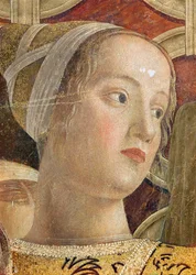 Hodet til en kvinne, detalj om markis Ludovico III Gonzaga og hans domstol i Camera degli Sposi, ca. 1465-75 (detalj av 166336)