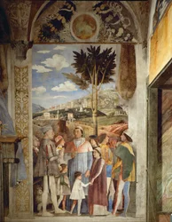 Lodovico Gonzaga venter på at sønnen hans, kardinal Francesco Gonzaga, skal komme tilbake fra Roma (freske)