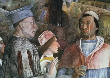 Marquis Ludovico Gonzaga III av Mantua regjerte 1444-78 og hilste sin sønn, kardinal Francesco Gonzaga, fra Camera degli Sposi eller Camera Picta, 1465-74 freskomaleri av 78449
