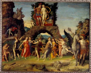 Mars og Venus eller Parnasset. Maleri som viser Mars og Venus på klippen, Pegasus og Merkur, Apollon og de ni musene Kalliope (episk poesi), Kleio (historie), Erato (lyrisk kunst), Euterpe (musikk), Melpomene (tragedie), Polyhymnia (retorikk), Terpsikhore