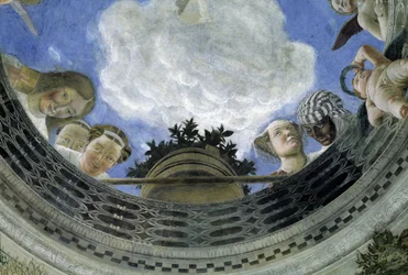 Oculus i taket i Ektefellenes kammer, hertugpalasset i Mantova, Italia (Camera degli Sposi, Palazzo Ducale, Mantova): detalj med allegoriske figurer og putti. Freske av Andrea Mantegna (1431-1506)
