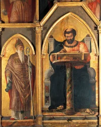 Sfântul Luca la biroul său și Sfântul Prosdocim, detaliu din Retabloul Sfântului Luca de Andrea Mantegna (1431-1506), tempera pe lemn norvegian