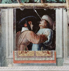 Sankt Kristoffers martyrium, detalj av en mann skutt gjennom øyet med en pil, ca. 1450-56