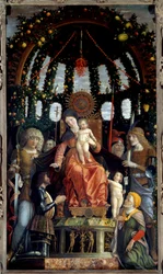 Virgin of Victory (Madonna of Victory). Jomfru Maria er representert: St. Michael, St. George, St. Longin og St. Andrew. Beskytteren for maleriet, Markisen av Mantua, Francois II de Gonzague (Francis II Gonzaga)