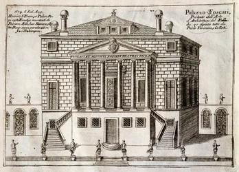 Hovedfasade på Villa Foscari, kjent som La Malcontenta, Mira, tegnet av Andrea Palladio (1508-1580), gravering fra Langs Brenta-kanalen, nesten en bydel i Venezia, av Vincenzo Coronelli (1650-1718), Venezia