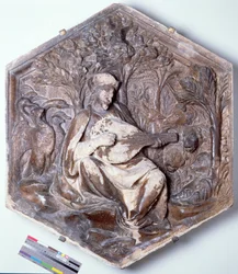 Poesi, sekskantet dekorativ relieffflis fra en serie som viser de syv liberale kunstene, muligens basert på design av Giotto (ca. 1266-1337) ca. 1334-48 (marmor)