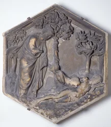 The Creation of Eve, sekskantet dekorativ relieffsflis fra en serie som illustrerer episoder fra Genesis, muligens basert på design av Giotto (ca. 1266-1337) ca. 1334-48 (marmor)