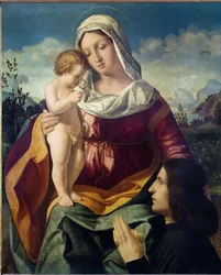 Jomfruen og barnet, med en giver - Maleri av Andrea Previtali (cirka 1480-1528), olje på lerret